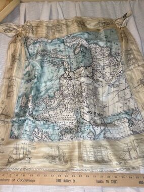 Rare Vintage Lands' End 100% Silk Scarf Nautical World Map / Sailing Ships